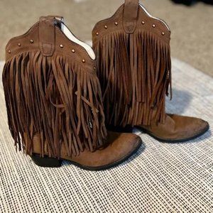 Old West Cowboy Boots with fringe detail Size 3 Chocolate Brown